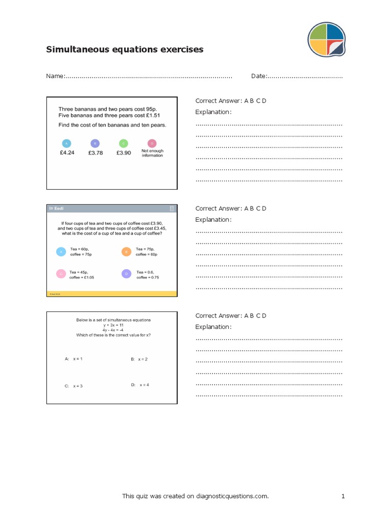 Simultaneous Equations Exercises | PDF