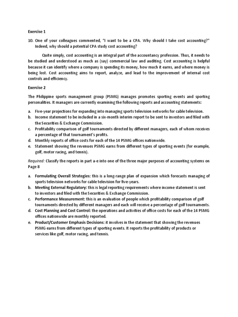 Exercise 1 Required Classify The Reports in Part AE Into One of The