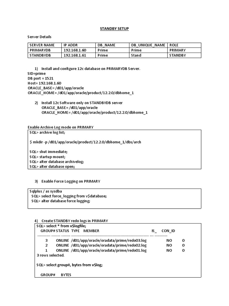 Oracle 12c Standby Database Setup Guide | PDF | Information Age | Computing