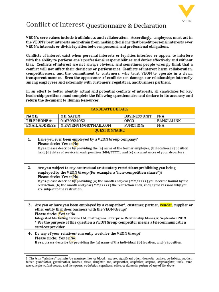 2.conflictof Interest Questionnaire & Declaration | PDF | Conflict Of ...