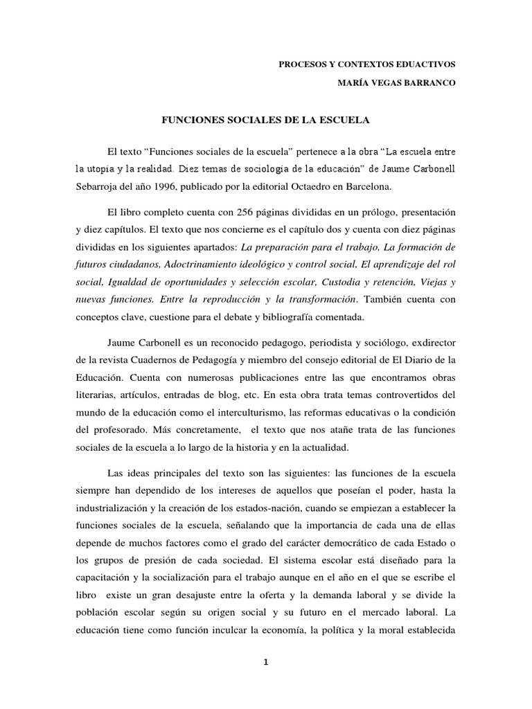 Funciones Sociales de La Escuela | PDF | Plan de estudios | Aprendizaje