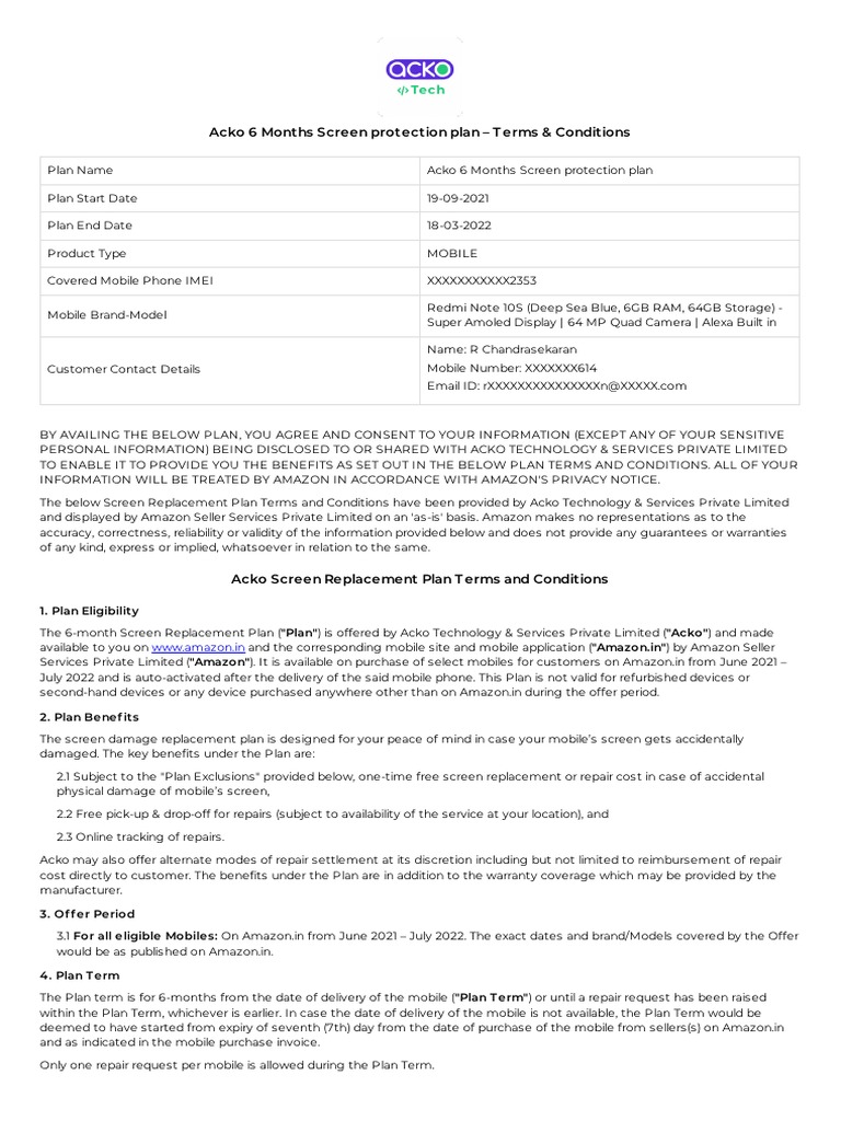 Acko 6 Months Screen Protection Plan T Erms & Conditions WWW