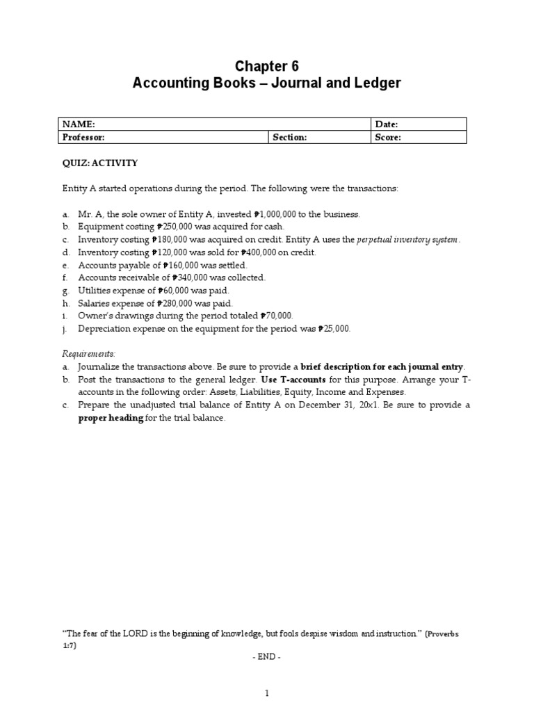 Quizzes Chapter 6 Accounting Books Journal and Ledger PDF