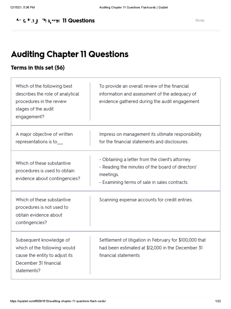 Auditing Chapter 11 Questions Flashcards Quizlet PDF Audit