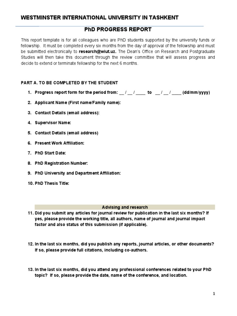 PHD Student Progress Report Template PDF Thesis Doctor Of Philosophy