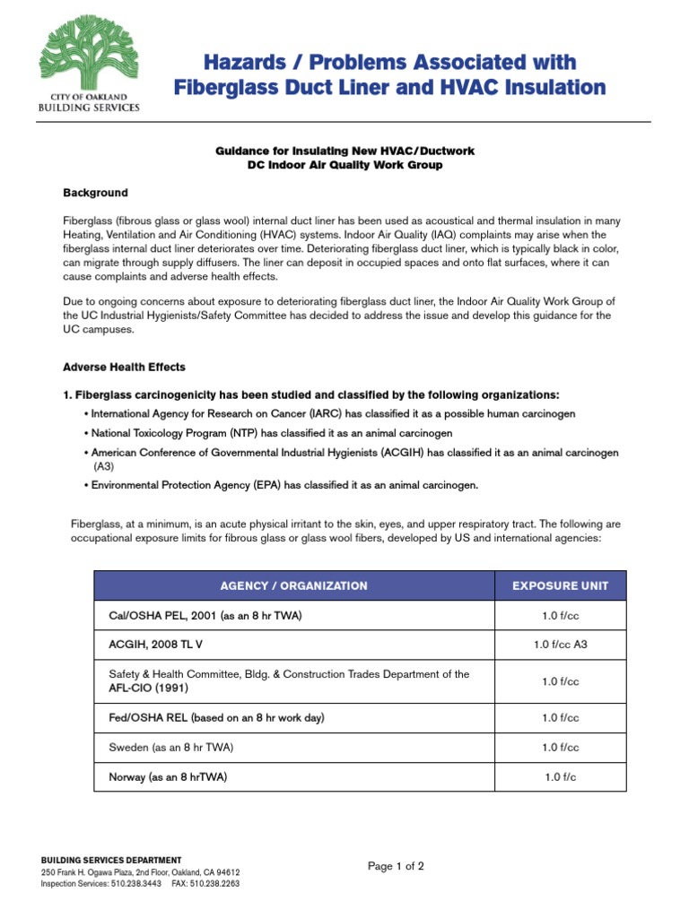 Hazards / Problems Associated With Fiberglass Duct Liner and HVAC