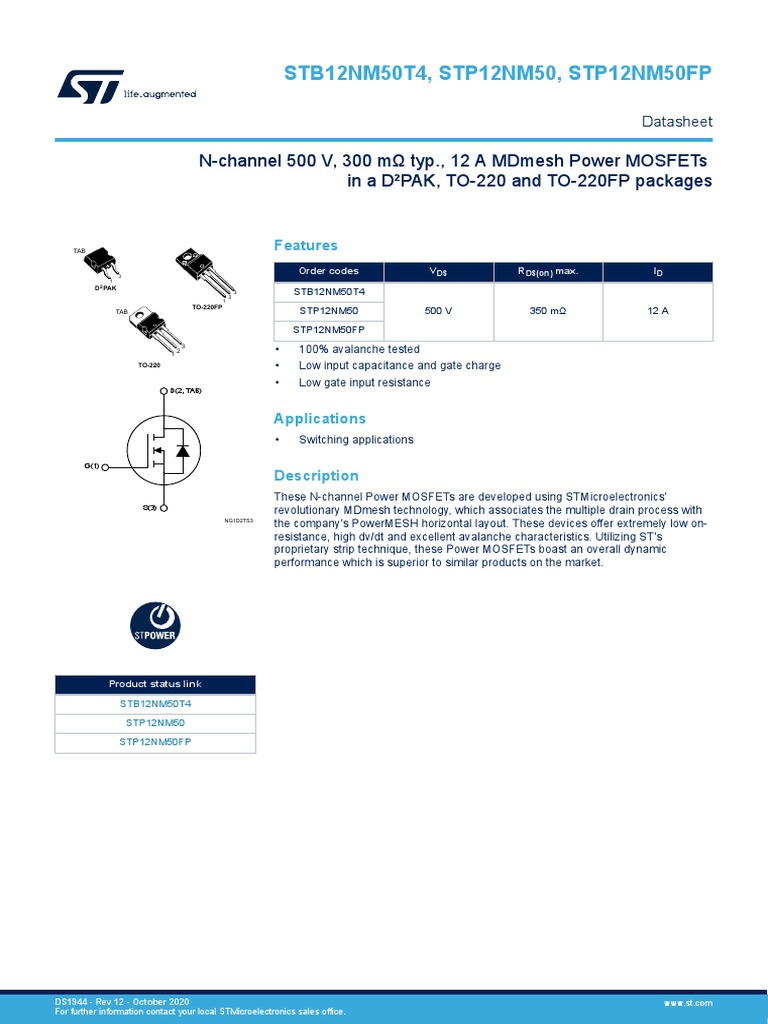 Transistor MOSFET De Puissance STP12NM50FP ST Microelectronics - Original, Boîtier TO-220