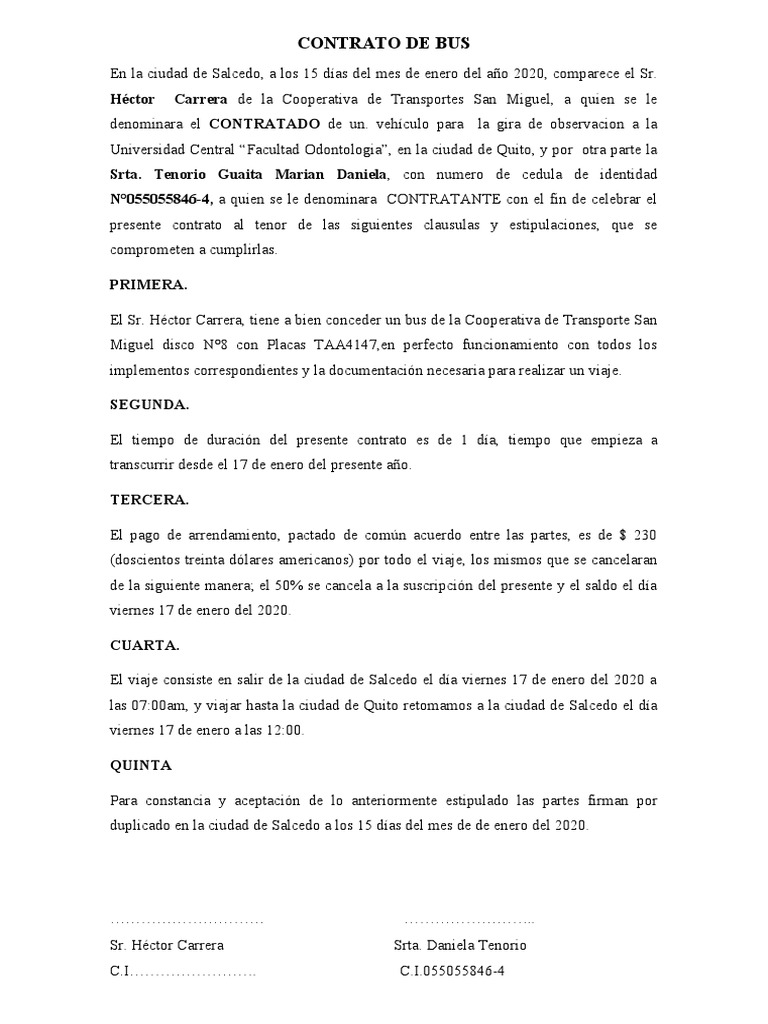Contrato de viaje en bus a Quito | PDF