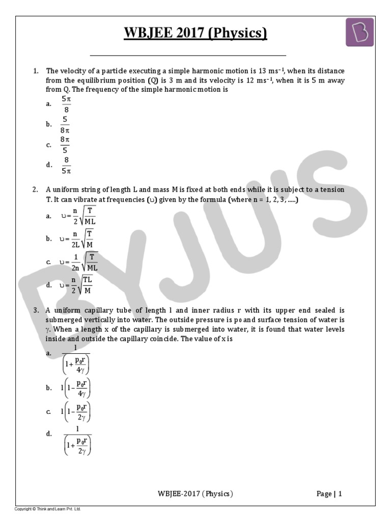 WBJEE 2017 Physics Question Paper Answerkey Solutions | PDF | Magnetism ...