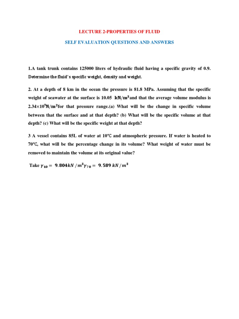 Self Evaluation Questions and Answers: Lecture 2-Properties of Fluid | PDF