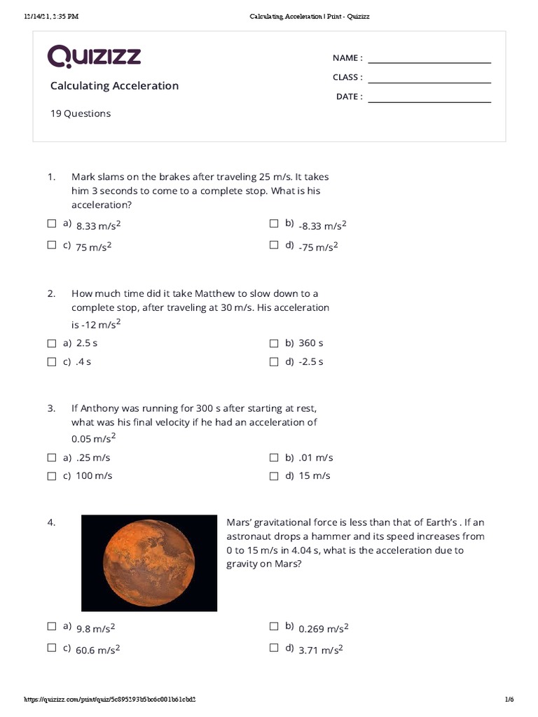 Calculating Acceleration Print Quizizz PDF Acceleration Velocity