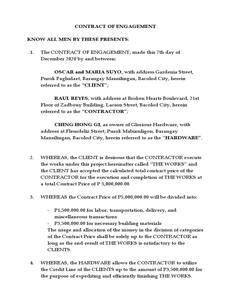 Contract of Engagement Sample | PDF | Employment | Legal Liability