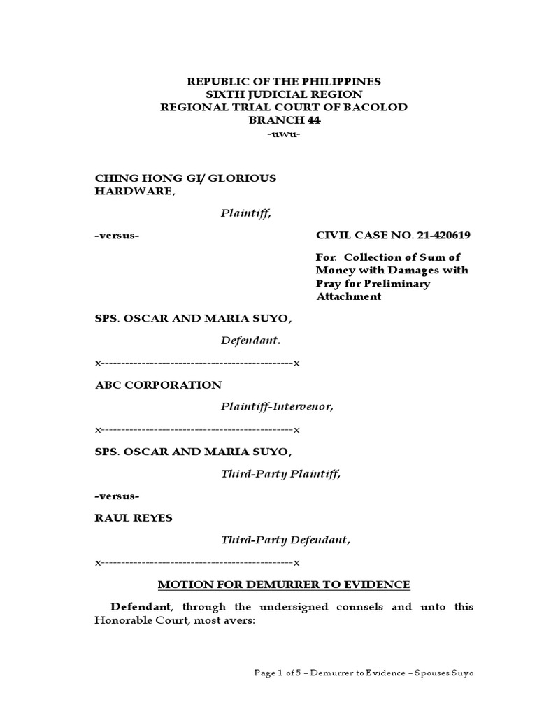 Motionfor Demurrer of Evidence | PDF | Demurrer | Plaintiff
