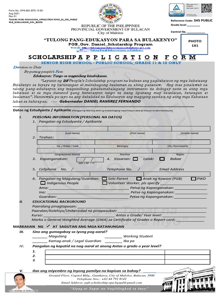 SHSPUB - PA-BGSPD-15-B1 - Scholarship Application Form SHS Public Rev ...