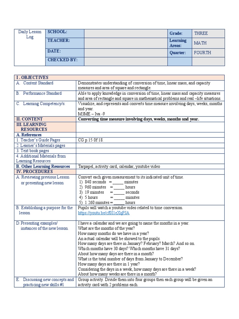 Grade 3 Daily Math Lesson Plan | PDF | Learning | Teachers
