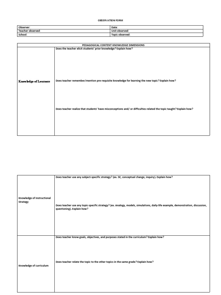 Observation Form: Knowledge of Learners | PDF