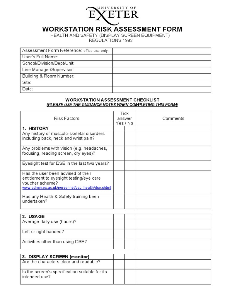 Workstation Risk Assessment Form PDF Chair Occupational Safety