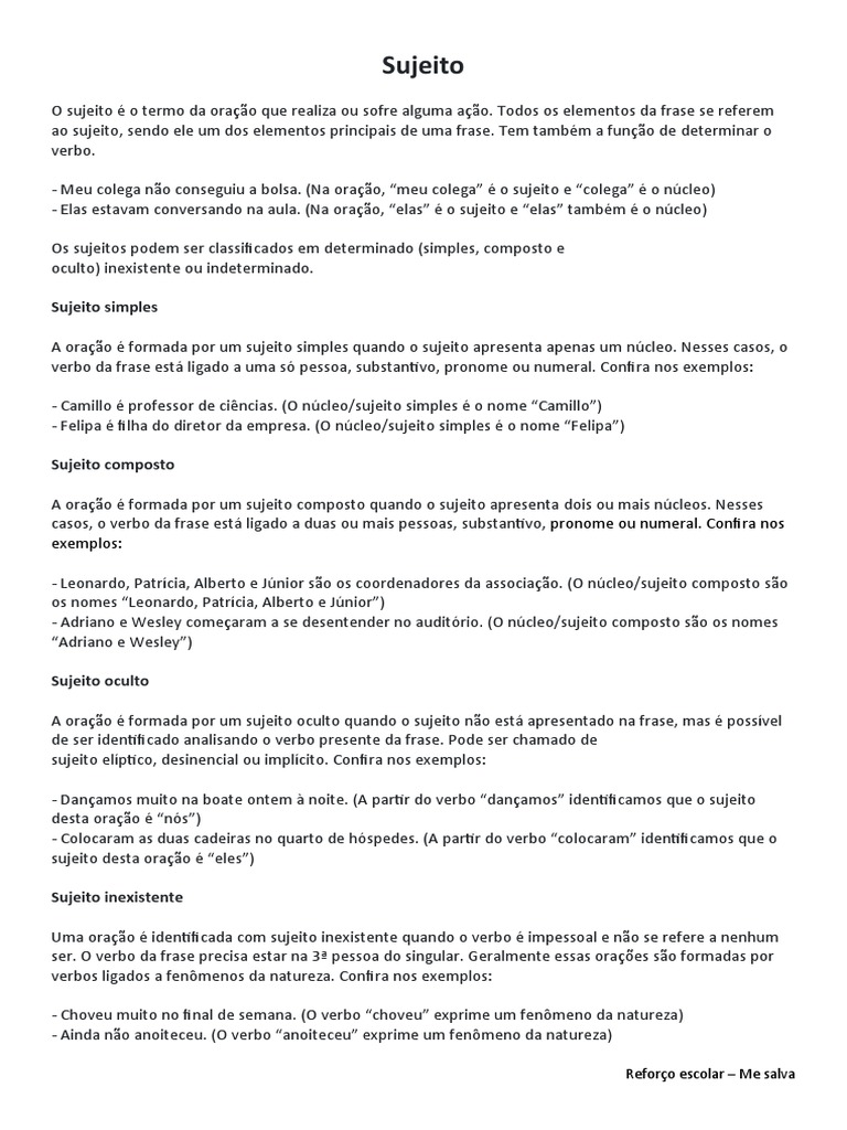 Tipos de Sujeito e Predicado | PDF | Assunto (gramática) | Ciência ...