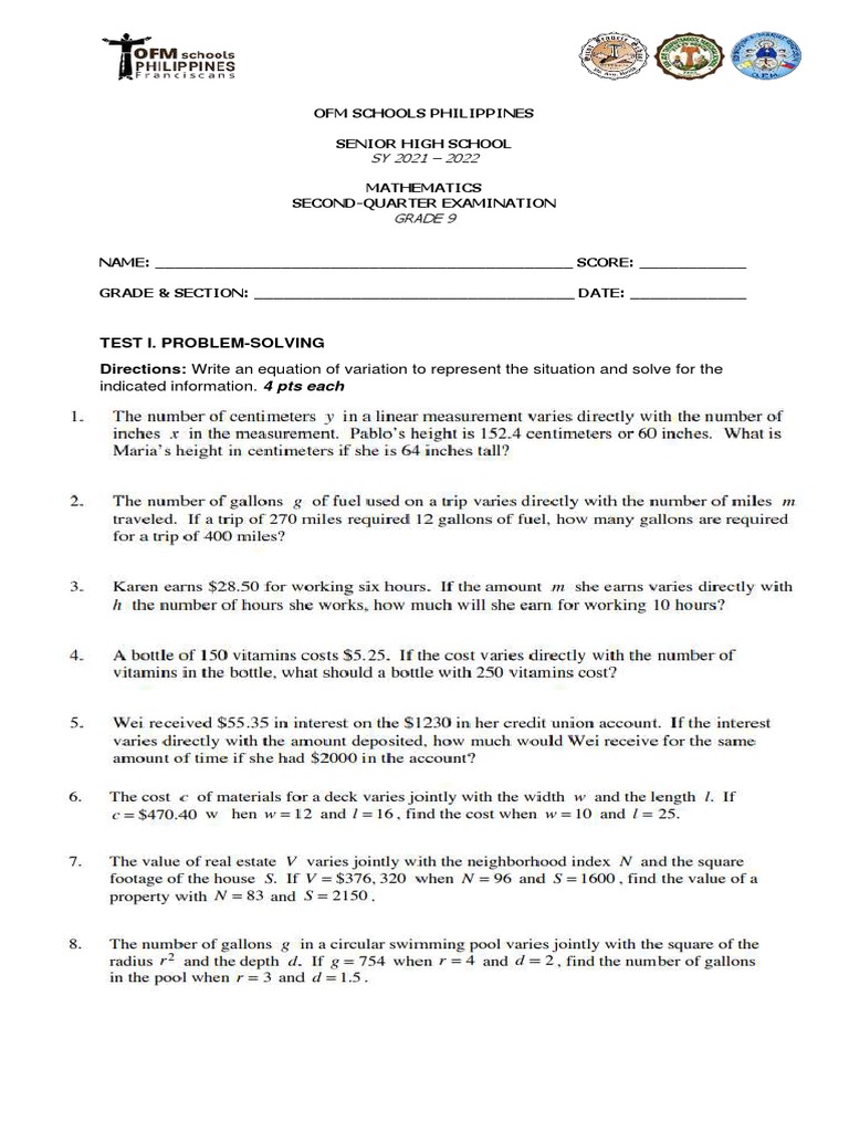 Grade 9 Math Exam: SY 2021-2022 | PDF