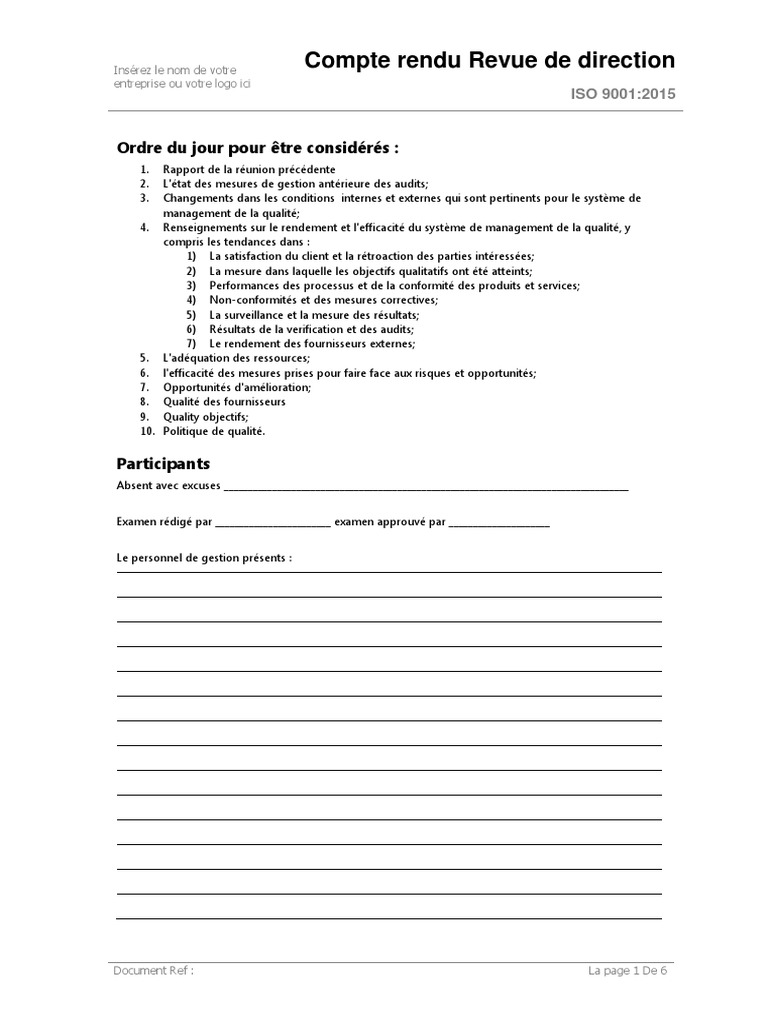 Compte Rendu Revue de Direction ISO 9001 | PDF | Système de management ...
