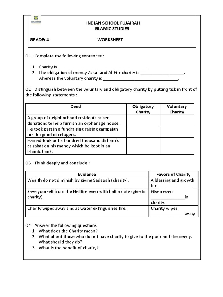 Grade 4 Islamic Studies: Charity Worksheet | PDF