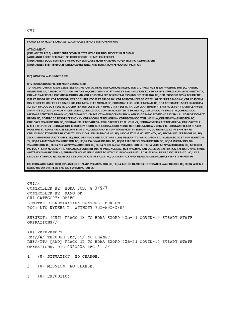 FRAGO 13 to HQDA EXORD 225-21 Update | PDF | Health Sciences | Medicine