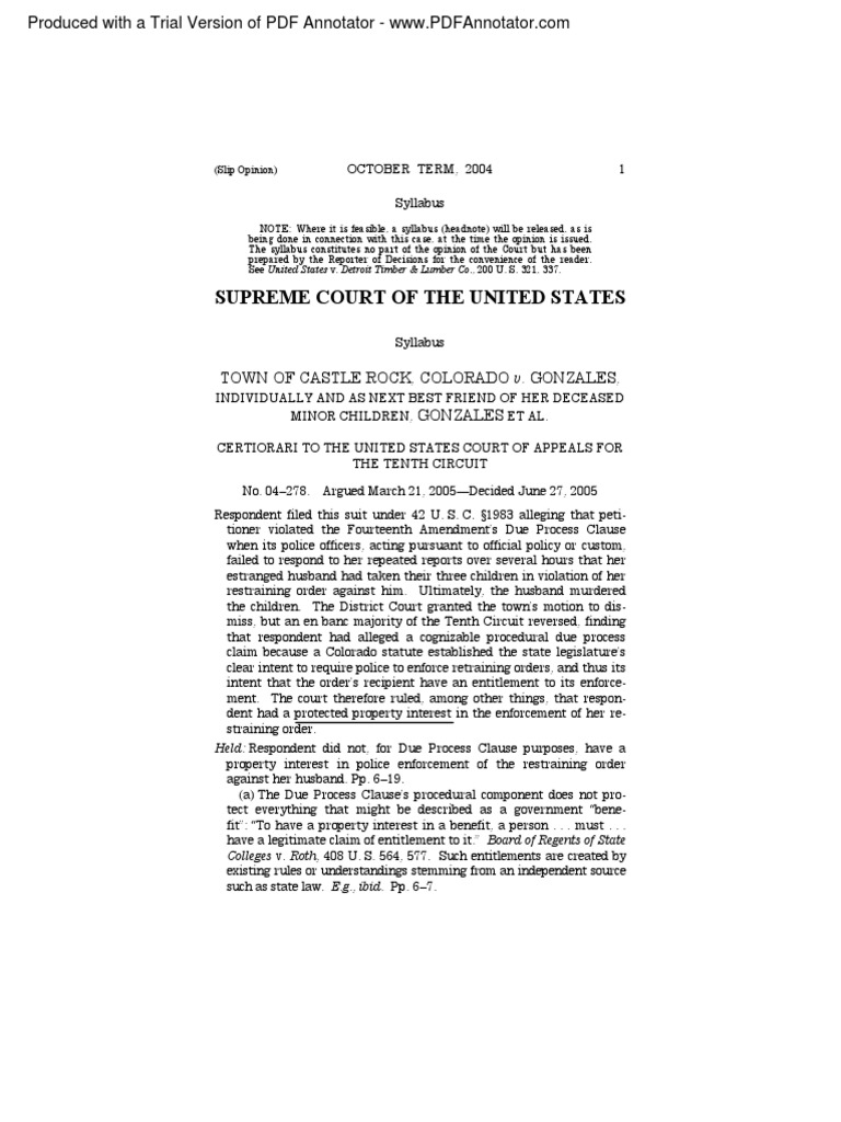 Town of Castle Rock, Co. v. Gonzales (2004) PDF Fourteenth