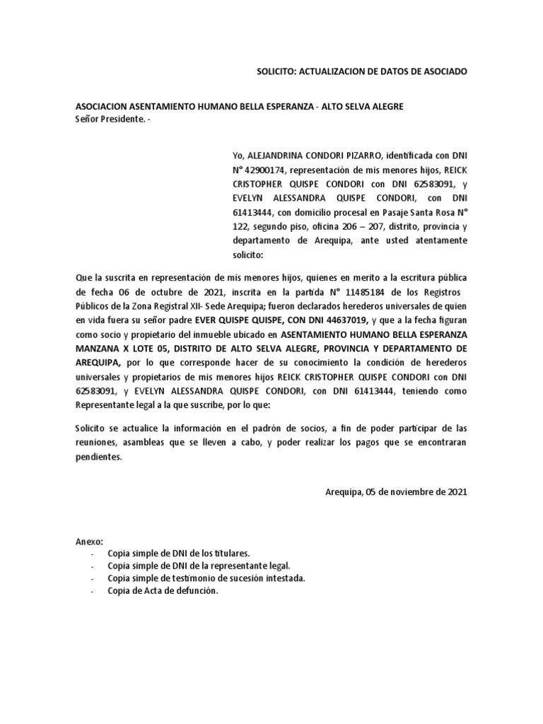 Solicito Rectificacion de Datos de Asociado Alejandrina | PDF
