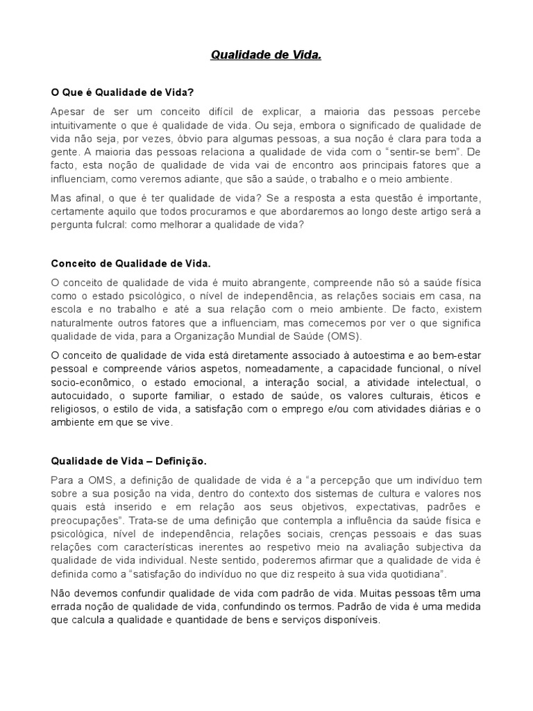 Texto Qualidade de Vida. | PDF | Vida | Qualidade de vida