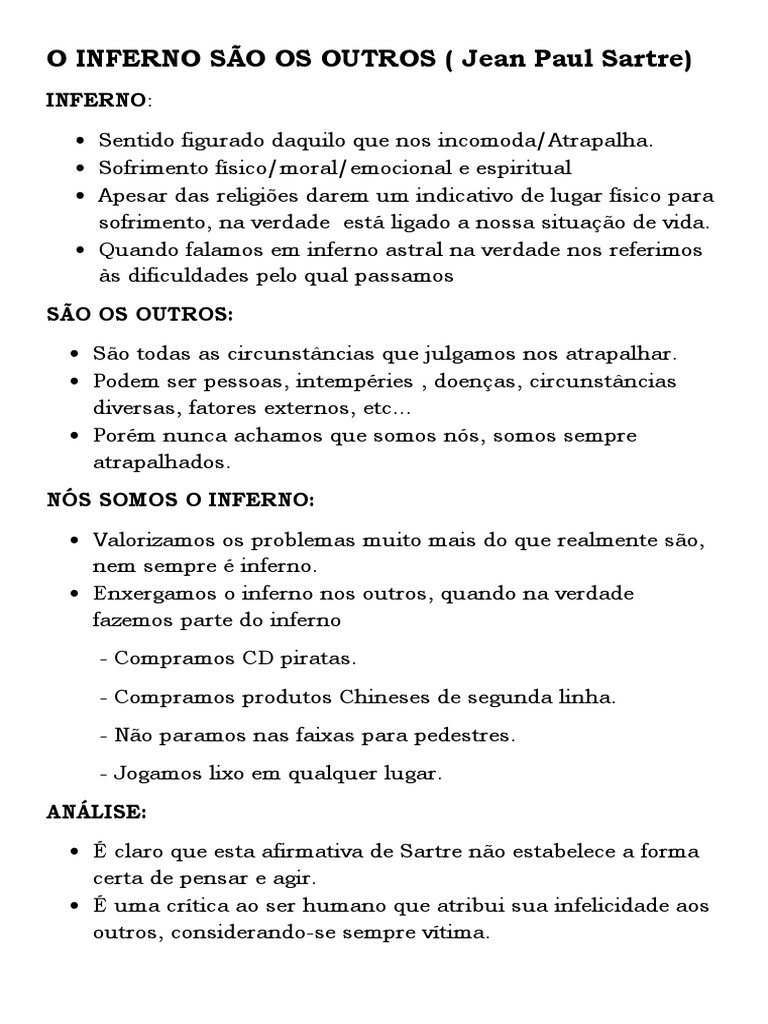 O Inferno São os Outros: Reflexões de Sartre | PDF | Jean Paul Sartre ...