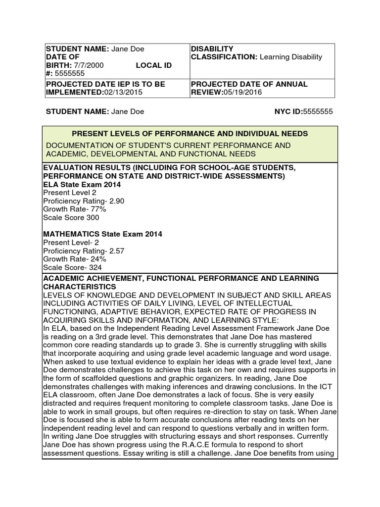 IEP Sample for Learning Disabilities | PDF | Individualized Education ...