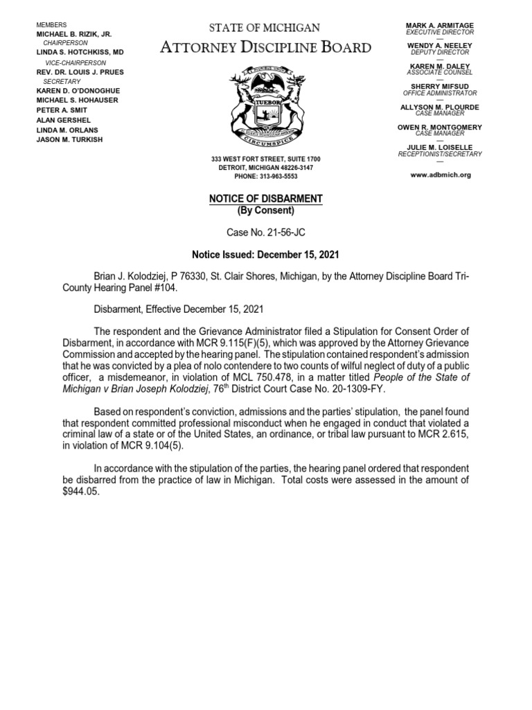 Notice of Disbarment PDF Disbarment Common Law