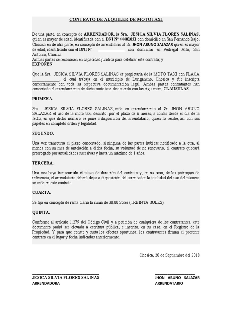 Contrato de Alquiler de Mototaxi | PDF | Justicia | Crimen y violencia