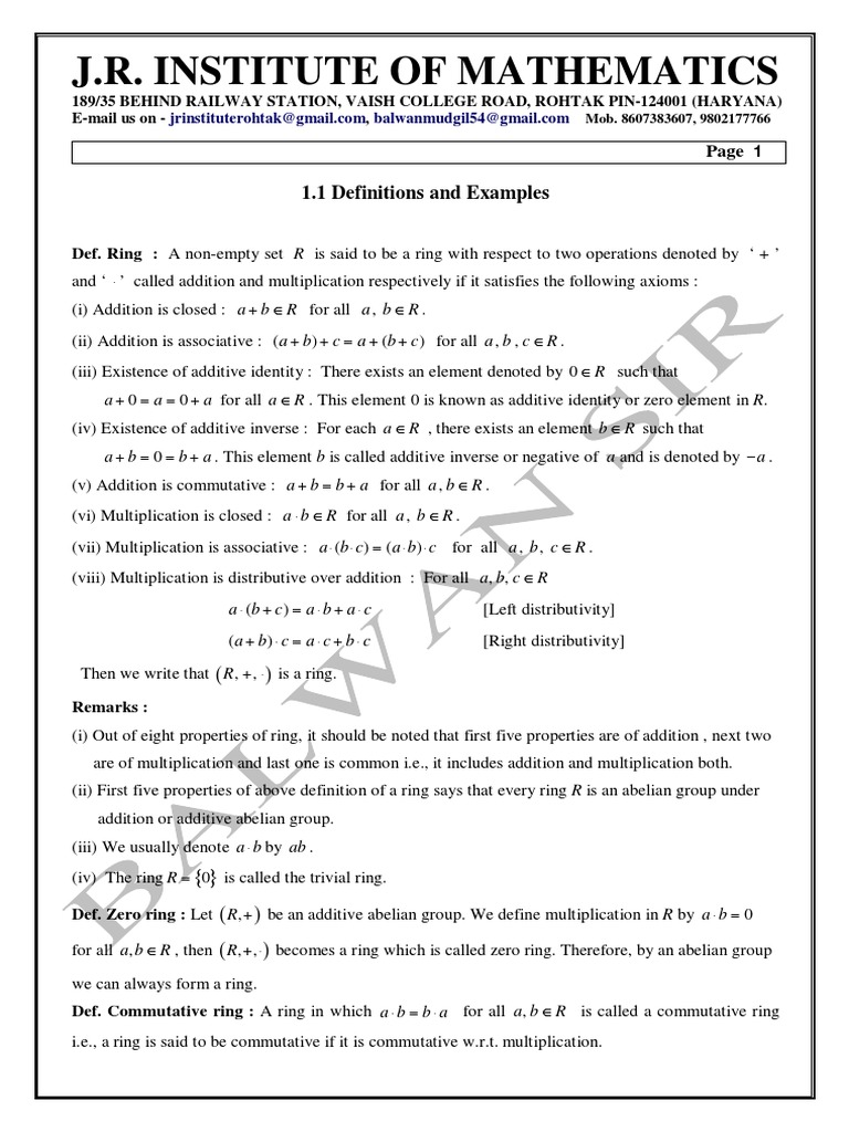 Ring and Field Theory Balwan Sir PDF Ring (Mathematics) Field