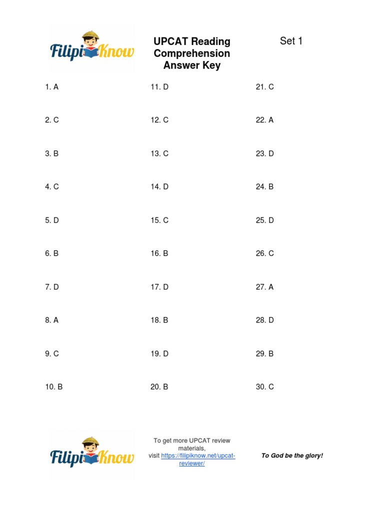 UPCAT Reading Comprehension Answer Key Set 1 | PDF