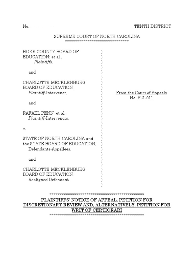 Appeal of Appellate Decision in Leandro School Funding Case | PDF |  Certiorari | Appeal