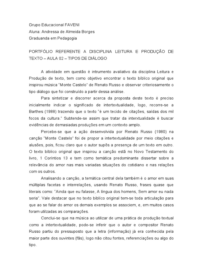 Portfólio Referente A Disciplina Leitura e Produção de Texto - Aula 02 ...