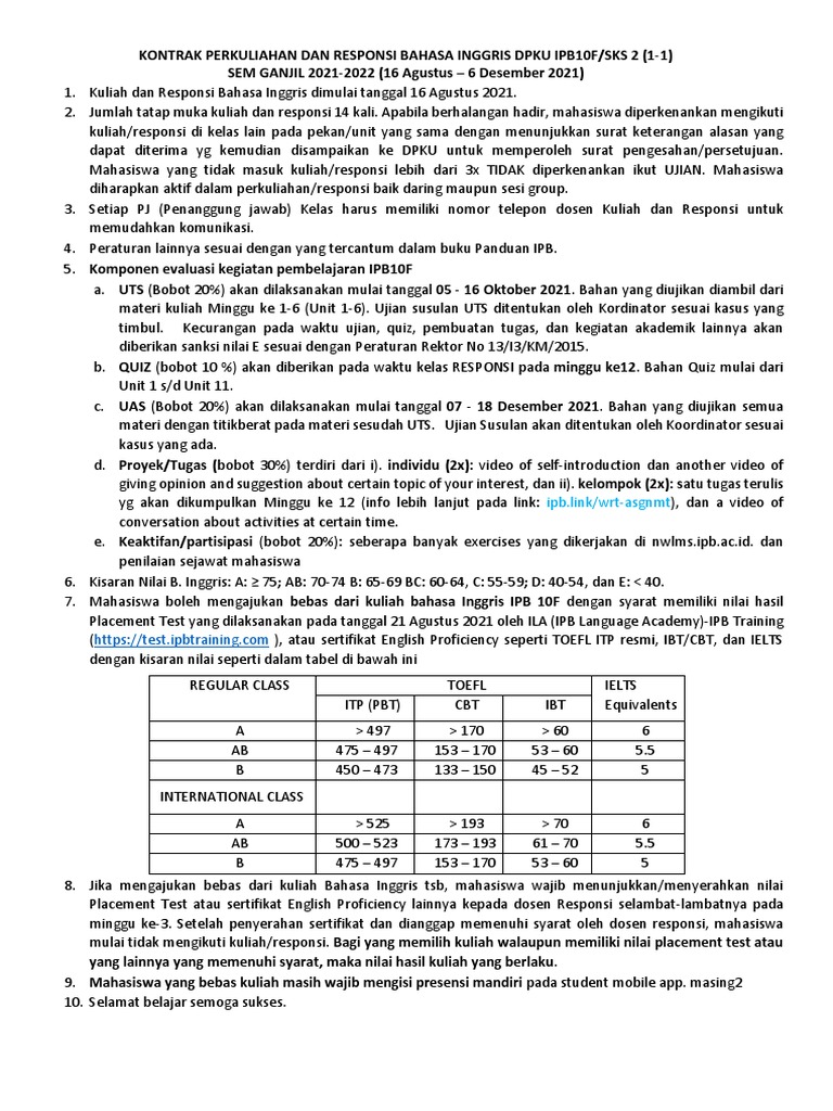 Kontrak Perkuliahan Dan Responsi Bahasa Inggris Ipb10f Sem 1 20-21 | PDF