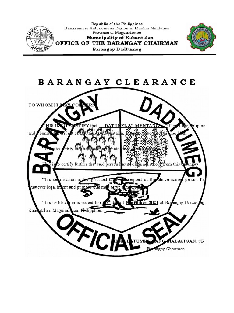 Barangay Clearance Office of The Barangay Chairman PDF Philippines