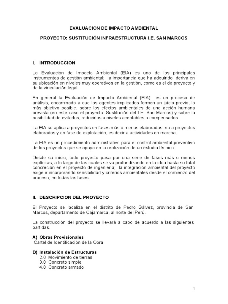 EIA del Proyecto I.E. San Marcos | PDF | Evaluación de impacto ...