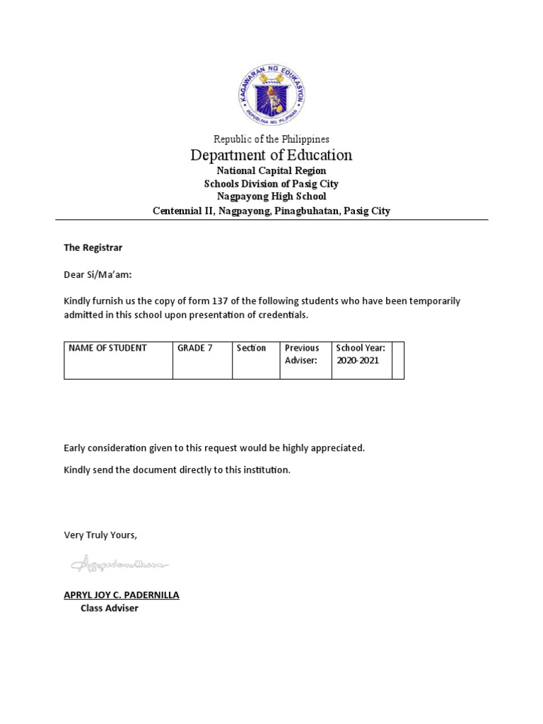 Request for Student Form 137 Copy | PDF