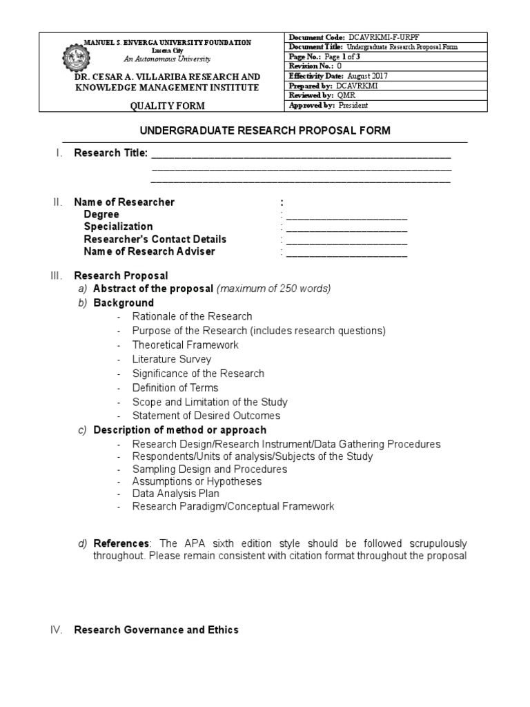 Undergraduate Research Proposal Form | PDF | Methodology | Cognition