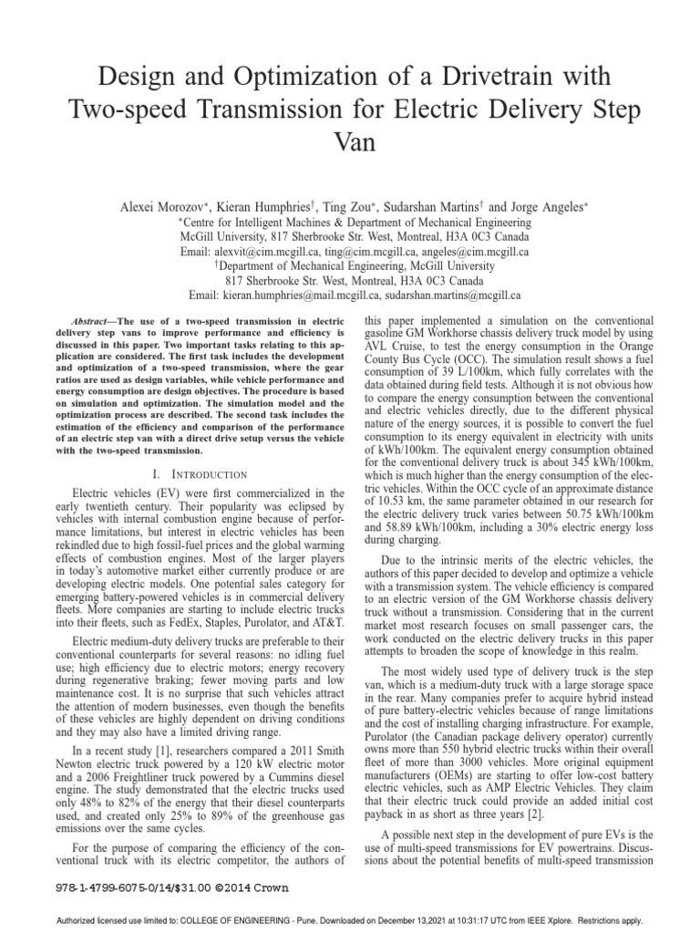 Design and Optimization of A Drivetrain With Two-Speed Transmission For ...