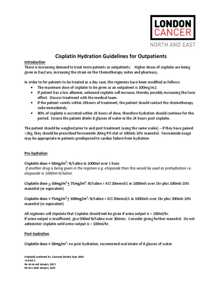 Cisplatin Hydration Guidelines for Outpatients | PDF | Chemistry | Dose ...