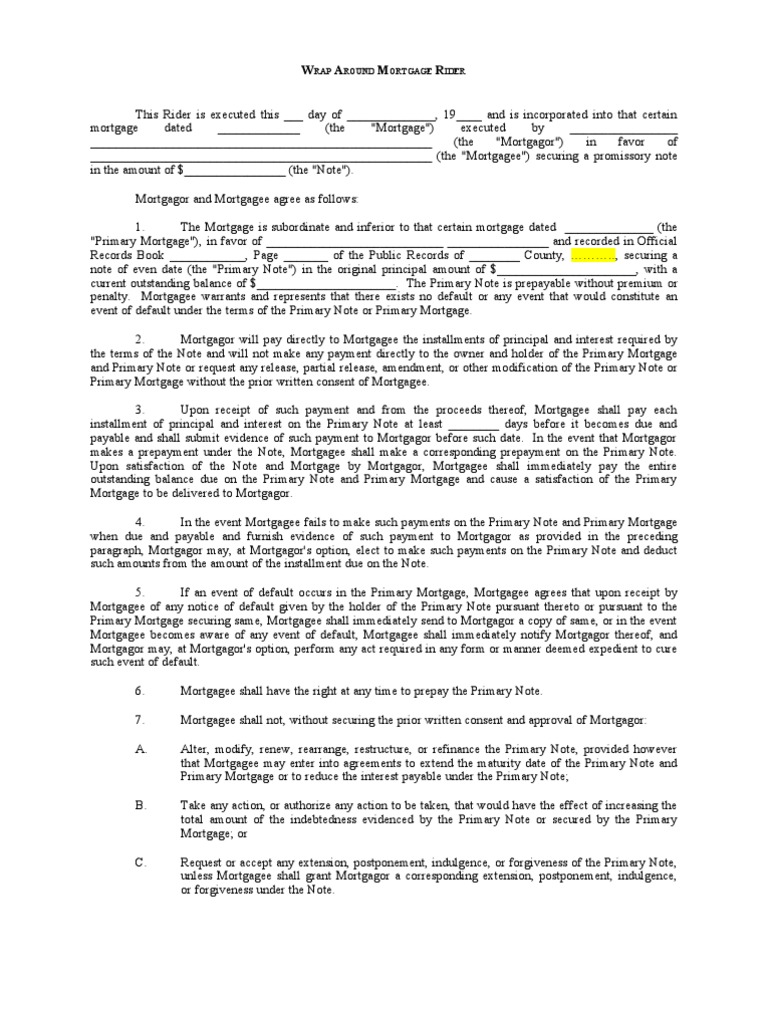 Wrap Around Mortgage Rider | PDF | Promissory Note | Mortgage Loan