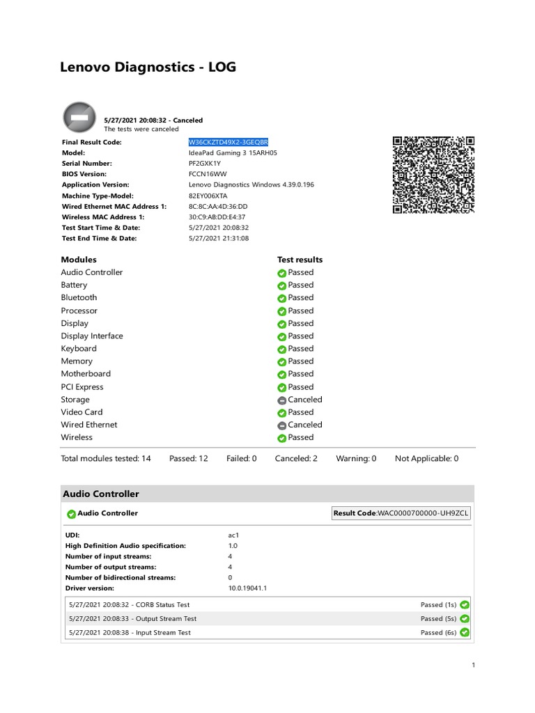 Lenovo Diagnostics LOG Modules Test Results PDF Usb Computer