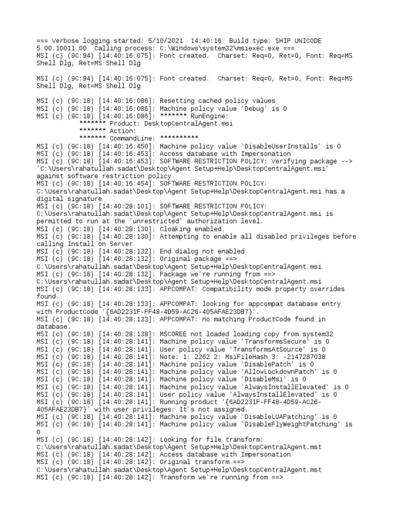 Desktop Central Agent Installation Log | PDF | Microsoft Windows | User ...