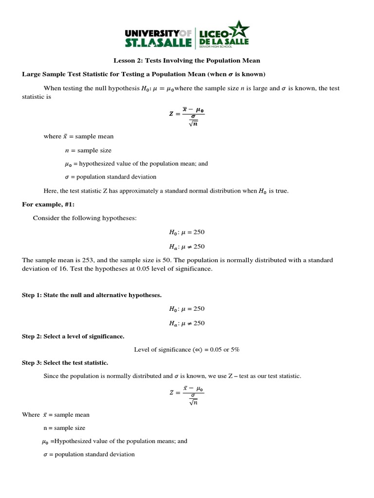 Lesson 2: Tests Involving The Population Mean Large Sample Test ...