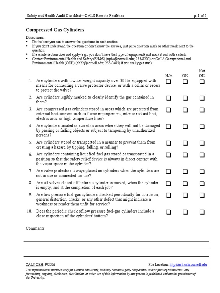 Compressed Gas Cylinders Checklist PDF Mechanical Engineering Gas