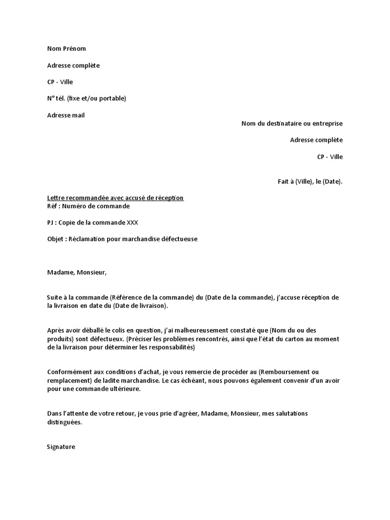 Lettre de Réclamation Pour Marchandise Défectueuse | PDF